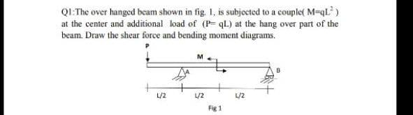 QI:The over hanged beam shown in fig. 1, is subjected to a couple( M=qL° )
at the center and additional load of (P= qL) at the hang over part of the
beam. Draw the shear force and bending moment diagrams.
M
L/2
/2
L/2
Fig 1
