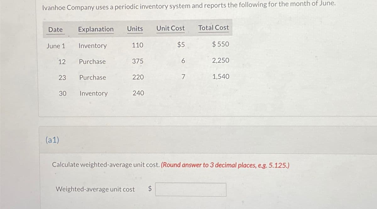 Ivanhoe Company uses a periodic inventory system and reports the following for the month of June.
Date
June 1
12
23
30
(a1)
Explanation Units Unit Cost
Inventory
$5
Purchase
Purchase
Inventory
110
375
220
240
tA
7
Weighted-average unit cost $
Total Cost
$550
2,250
Calculate weighted-average unit cost. (Round answer to 3 decimal places, e.g. 5.125.)
1,540
