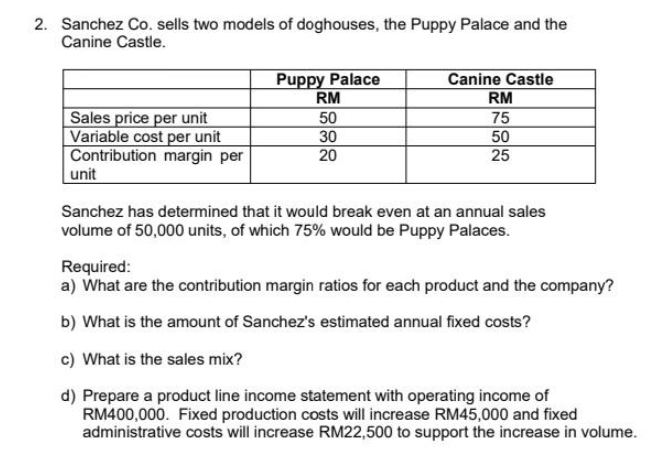 2. Sanchez Co. sells two models of doghouses, the Puppy Palace and the
Canine Castle.
Sales price per unit
Variable cost per unit
Contribution margin per
unit
Puppy Palace
RM
50
30
20
Canine Castle
RM
75
50
25
Sanchez has determined that it would break even at an annual sales
volume of 50,000 units, of which 75% would be Puppy Palaces.
Required:
a) What are the contribution margin ratios for each product and the company?
b) What is the amount of Sanchez's estimated annual fixed costs?
c) What is the sales mix?
d) Prepare a product line income statement with operating income of
RM400,000. Fixed production costs will increase RM45,000 and fixed
administrative costs will increase RM22,500 to support the increase in volume.