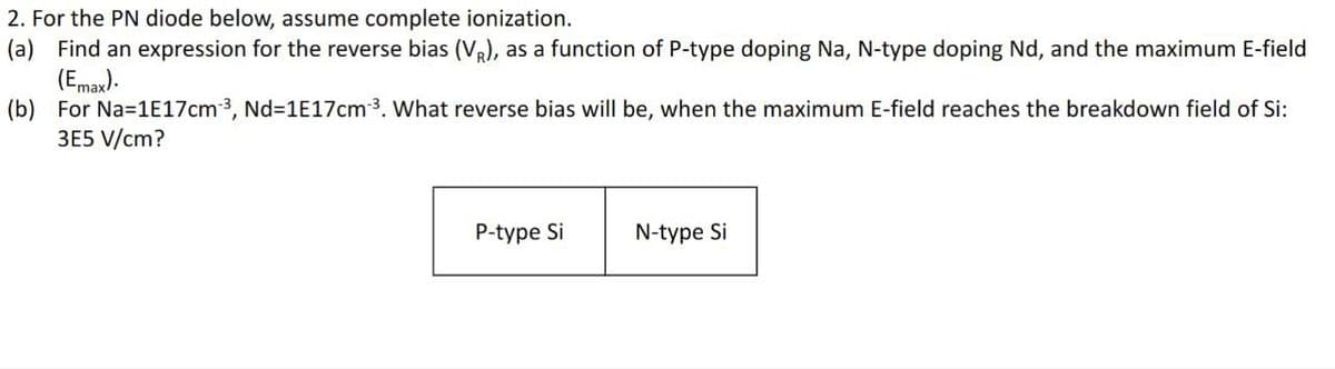 2. For the PN diode below, assume complete ionization.
(a) Find an expression for the reverse bias (VR), as a function of P-type doping Na, N-type doping Nd, and the maximum E-field
(Emax).
(b) For Na=1E17cm³, Nd=1E17cm³. What reverse bias will be, when the maximum E-field reaches the breakdown field of Si:
3E5 V/cm?
P-type Si
N-type Si