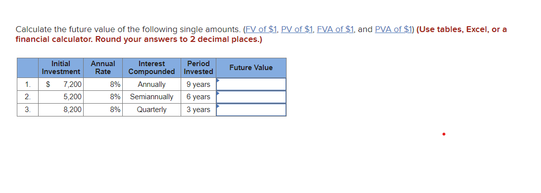 Calculate the future value of the following single amounts. (FV of $1, PV of $1, FVA of $1, and PVA of $1) (Use tables, Excel, or a
financial calculator. Round your answers to 2 decimal places.)
1.
2
3.
Initial Annual
Investment Rate
$ 7,200
5,200
8,200
8%
8%
8%
Interest
Compounded
Annually
Semiannually
Quarterly
Period
Invested
9 years
6 years
3 years
Future Value