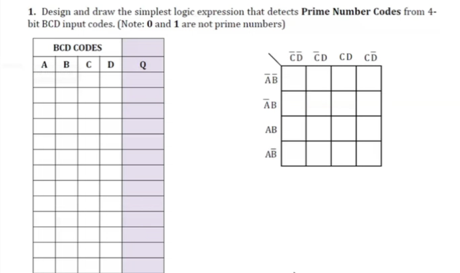 1. Design and draw the simplest logic expression that detects Prime Number Codes from 4-
bit BCD input codes. (Note: 0 and 1 are not prime numbers)
BCD CODES
ABC
D Q
AB
АВ
AB
AB
CD CD CD CD