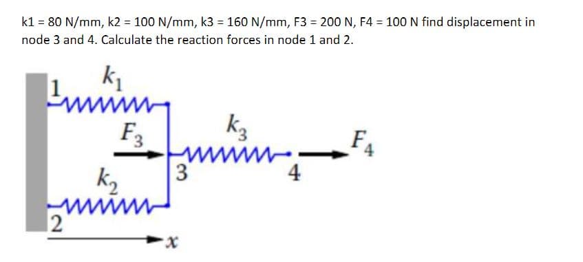 k1 = 80 N/mm, k2 = 100 N/mm, k3 = 160 N/mm, F3 = 200 N, F4 = 100 N find displacement in
node 3 and 4. Calculate the reaction forces in node 1 and 2.
k₁
12
F3
k₂ 3
k₂
nim
FA
4