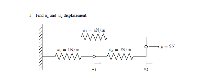 3. Find u, and u₂ displacement.
k₂ = 1N/m
www
k₁ = 4N/m
241
k3 = 2N/m
www
112
p = 2N