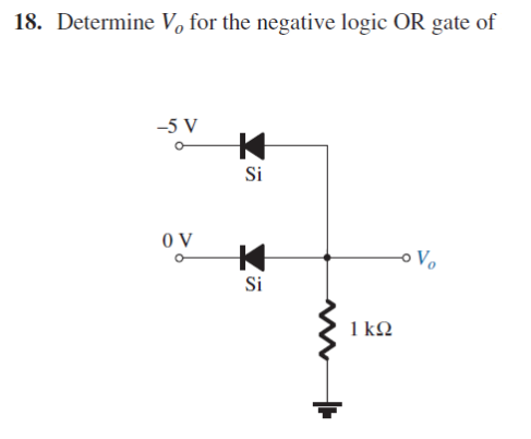 18. Determine V, for the negative logic OR gate of
-5 V
Si
O V
Vo
Si
1 k2
