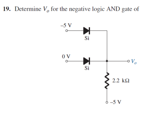 19. Determine V, for the negative logic AND gate of
-5 V
Si
0 V
o Vo
Si
2.2 k2
6 -5 V
