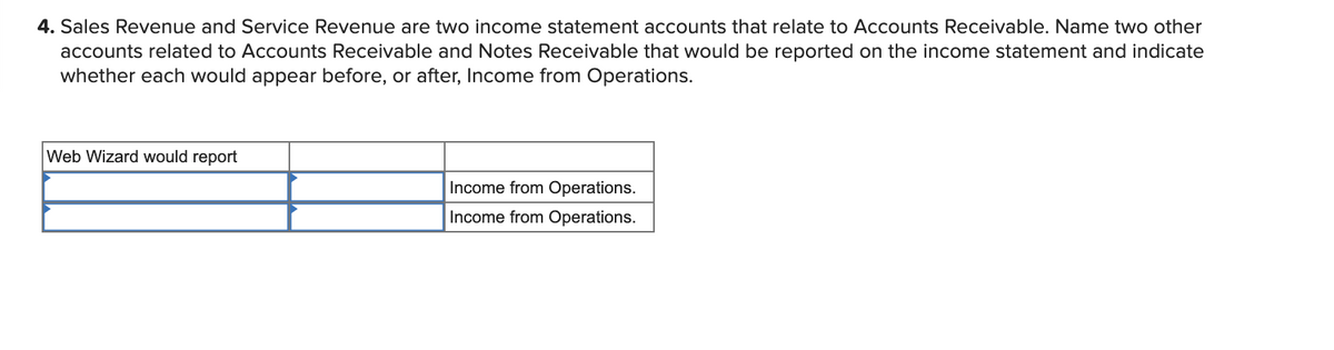 4. Sales Revenue and Service Revenue are two income statement accounts that relate to Accounts Receivable. Name two other
accounts related to Accounts Receivable and Notes Receivable that would be reported on the income statement and indicate
whether each would appear before, or after, Income from Operations.
Web Wizard would report
Income from Operations.
Income from Operations.
