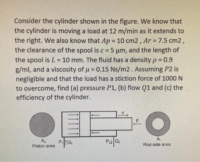 Consider the cylinder shown in the figure. We know that
the cylinder is moving a load at 12 m/min as it extends to
the right. We also know that Ap = 10 cm2 , Ar = 7.5 cm2,
the clearance of the spool is c = 5 µm, and the length of
%3D
%3!
the spool is L = 10 mm. The fluid has a density p = 0.9
g/ml, and a viscosity of u = 0.15 Ns/m2. Assuming P2 is
negligible and that the load has a stiction force of 1000 N
to overcome, find (a) pressure P1, (b) flow Q1 and (c) the
efficiency of the cylinder.
F
A,
A,
Piston area
Pal Q,
Rod-side area
