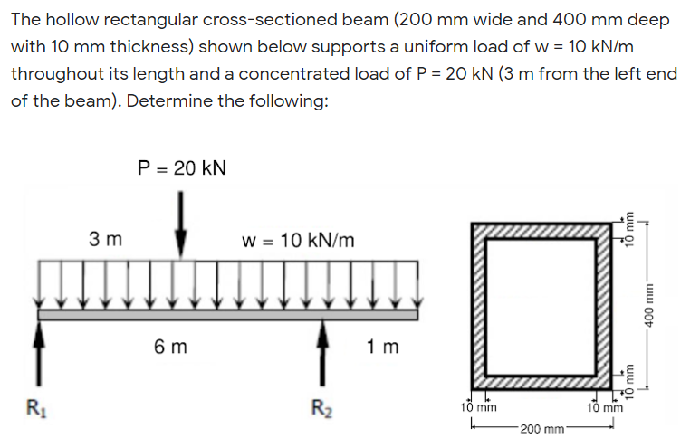 The hollow rectangular cross-sectioned beam (200 mm wide and 400 mm deep
with 10 mm thickness) shown below supports a uniform load of w = 10 kN/m
throughout its length and a concentrated load of P = 20 kN (3 m from the left end
of the beam). Determine the following:
P = 20 kN
3 m
W = 10 kN/m
%3D
6 m
1 m
R1
R2
10 mm
10 mm
200 mm-
10 mm
10 mm
ww 00t
