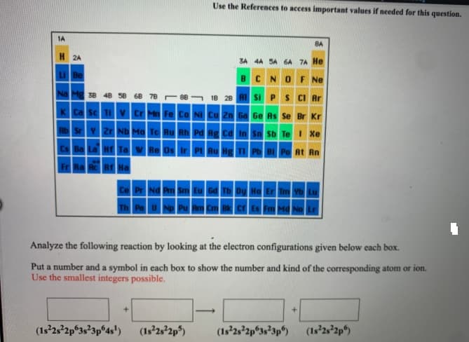 Use the References to access important values if needed for this question.
1A
8A
H 2A
3A 4A SA 6A 7A He
u Be
C
NO
F Ne
Na Mg 38 48 58 68 78 r 88 - 18 28 Hl SI P
S CI Ar
KCa sc 1Iv Cr Mn Fe Co NI Cu zZn Ga Ge As Se Br Kr
Rb SrY zr ND Mo To Ru Rh Pd Rg Cd In Sn Sb Te I Xe
Cs Ba La Ht TaW Re Os Ir Pt Ru Hg T P B Po At Rn
Fr Ra Rc R Ha
Ce Pr Nd Pm Sm Eu
Tb Du Ho Er Im Yb Lu
Th Pau Np Pu Am Cm Bk cr Es Fm Ma No Lr
Analyze the following reaction by looking at the electron configurations given below each box.
Put a number and a symbol in each box to show the number and kind of the corresponding atom or ion.
Use the smallest integers possible.
( 4"ק 3",3"ק2"-1s2
(1s 232p)
(1s*2s 2p 3s*3p) (1s'2s²2p")
