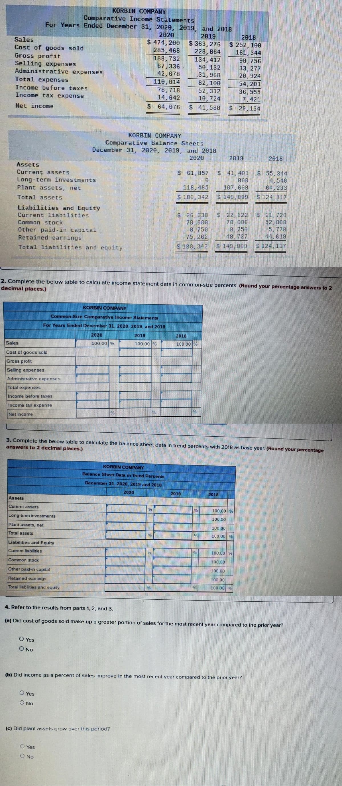 Sales
Cost of goods sold
Gross profit
Selling expenses
Administrative expenses
Total expenses
Income before taxes
Income tax expense
Net income
Assets
Current assets
KORBIN COMPANY
Comparative Income Statements
For Years Ended December 31, 2020, 2019, and 2018
2020
$ 474, 200
285,468
2819
$363, 276
228,864
188, 732
134,412
67,336
50, 132
42,678
31, 968
119,014
82, 198
78, 718
52,312
14,642
19,724
$ 64,976 $ 41,588 S
Long-term investments
Plant assets, net
Total assets
Liabilities and Equity
Current liabilities
Common stock
Other paid-in capital
Retained earnings
Total liabilities and equity
Sales
Cost of goods sold
Gross profit
Selling expenses
Administrative expenses
Total expenses
Income before taxes
Income tax expense
Net income
KORBIN COMPANY
Comparative Balance Sheets
December 31, 2020, 2019, and 2018
2020
Common-Size Comparative Income Statements
For Years Ended December 31, 2020, 2019, and 2018
2020
100.00 %
2019
100.00 %
Assets
Current assets
Long-term investments
Plant assets, net
Total assets
Liabilities and Equity
Current liabilities
Common stock
Other paid-in capital
Retained earnings
Total liabilities and equity
O Yes
O No
O Yes
O NO
KORBIN COMPANY
2. Complete the below table to calculate income statement data in common-size percents. (Round your percentage answers to 2
decimal places.)
Yes
O No
KORBIN COMPANY
Balance Sheet Data in Trend Percents
December 31, 2020, 2019 and 2018
2020
(c) Did plant assets grow over this period?
KOMEN
%6
96
S 61,857
8
118, 485
$ 180, 342
%
S 26,330
79,000
8, 750
75.262
$ 188,342
3. Complete the below table to calculate the balance sheet data in trend percents with 2018 as base year. (Round your percentage
answers to 2 decimal places.)
2018
100.00 %
1943
2019
96
8X6
196
96
2018
$ 252, 190
161, 344
41, 401
800
107, 688
$ 149, 809
2019
2018
98,756
33,277
20,924
54, 201
36,555
7, 421
29,134
$ 22,322
70,000
8.750
48.737
44.619
149,899 $ 124,117
100.00 96
100.00
100.00
100.00 %
100.00
100.00 %
100.00
2018
100.00
100.00 %
(b) Did income as a percent of sales improve in the most recent year compared to the prior year?
$ 55,344
4,540
64,233
4. Refer to the results from parts 1, 2, and 3.
(a) Did cost of goods sold make up a greater portion of sales for the most recent year compared to the prior year?
S 21, 720
52.880