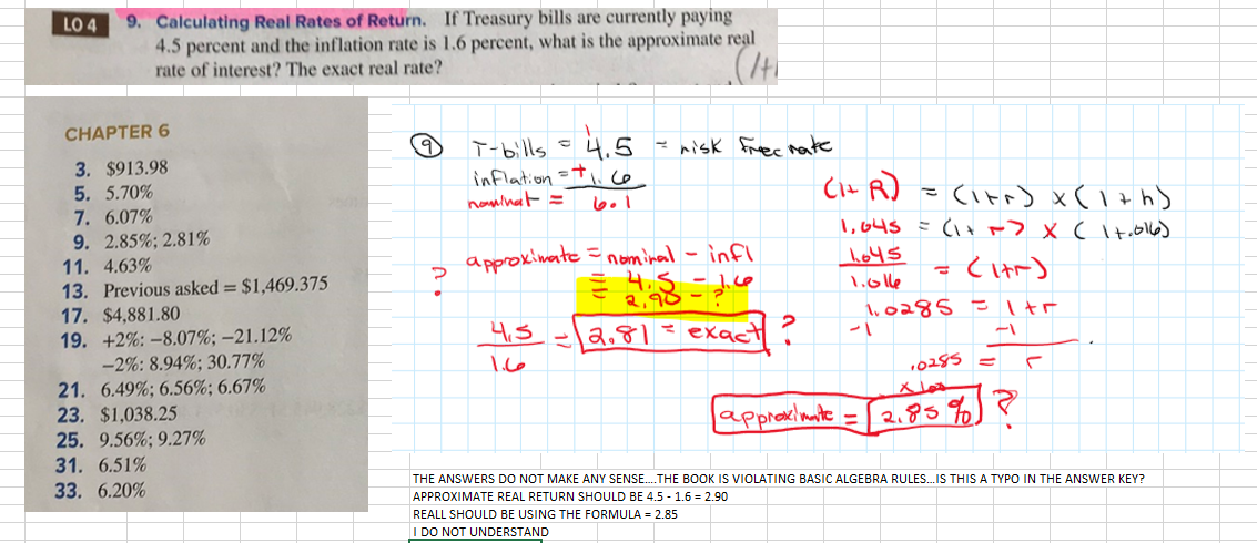 LO 4
9. Calculating Real Rates of Return. If Treasury bills are currently paying
4.5 percent and the inflation rate is 1.6 percent, what is the approximate real
rate of interest? The exact real rate?
(H
CHAPTER 6
3. $913.98
5. 5.70%
7. 6.07%
9. 2.85%; 2.81%
11. 4.63%
13. Previous asked = $1,469.375
17. $4,881.80
19. +2%: -8.07%; -21.12%
-2%: 8.94%; 30.77%
21. 6.49%; 6.56%; 6.67%
23. $1,038.25
25. 9.56%; 9.27%
31. 6.51%
33. 6.20%
9
?
T-bills 4.5
inflation =+1. Co
nominat=
ا ما
4,5
1.6
- risk free rake
approximate = nominal - infl
4.5
2,98=3.6
= 2.81 = exact?
(₁+R)
(1+r) x (1+h)
1,645 = (1+=> X ( 1 +.016)
1045
approximate
= (1+r)
1,0285 = 1 tr
-1
ماای.۱
10285 =
X
2.85% ?
THE ANSWERS DO NOT MAKE ANY SENSE....THE BOOK IS VIOLATING BASIC ALGEBRA RULES...IS THIS A TYPO IN THE ANSWER KEY?
APPROXIMATE REAL RETURN SHOULD BE 4.5 - 1.6 = 2.90
REALL SHOULD BE USING THE FORMULA = 2.85
I DO NOT UNDERSTAND