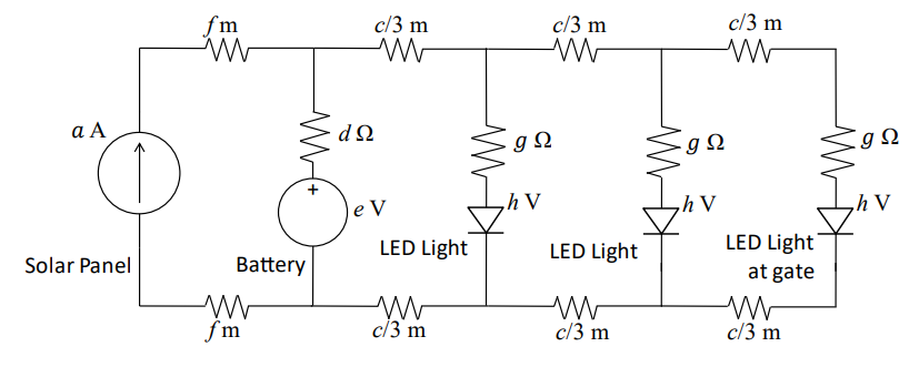 a A
(1)
Solar Panel
fm
w
Battery
ww
fm
c/3 m
ww
dQ
e V
LED Light
c/3 m
c/3 m
M
gΩ
₂hV
LED Light
M
c/3 m
gΩ
₂hV
c/3 m
LED Light
at gate
WW
c/3 m
gΩ
hV