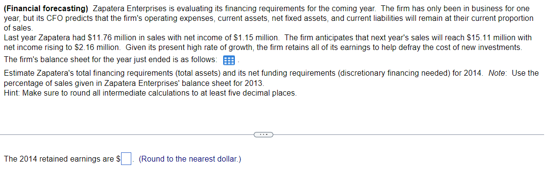 (Financial forecasting) Zapatera Enterprises is evaluating its financing requirements for the coming year. The firm has only been in business for one
year, but its CFO predicts that the firm's operating expenses, current assets, net fixed assets, and current liabilities will remain at their current proportion
of sales.
Last year Zapatera had $11.76 million in sales with net income of $1.15 million. The firm anticipates that next year's sales will reach $15.11 million with
net income rising to $2.16 million. Given its present high rate of growth, the firm retains all of its earnings to help defray the cost of new investments.
The firm's balance sheet for the year just ended is as follows:
Estimate Zapatera's total financing requirements (total assets) and its net funding requirements (discretionary financing needed) for 2014. Note: Use the
percentage of sales given in Zapatera Enterprises' balance sheet for 2013.
Hint: Make sure to round all intermediate calculations to at least five decimal places.
The 2014 retained earnings are $
(Round to the nearest dollar.)
C