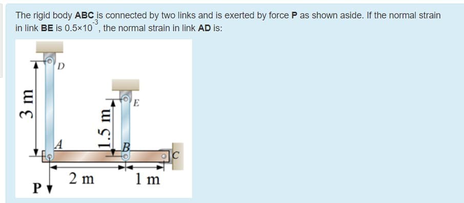 The rigid body ABC is connected by two links and is exerted by force P as shown aside. If the normal strain
in link BE is 0.5x10°, the normal strain in link AD is:
D
E
|C
2 m
1 m
1.5 m
