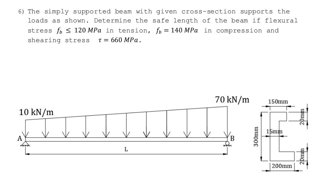 6) The simply supported beam with given cross-section supports the
loads as shown. Determine the safe length of the beam if flexural
stress f≤ 120 MPa in tension, fb = 140 MPa in compression and
shearing stress T = 660 MPa.
70 kN/m
150mm
10 kN/m
15mm
Amm
L
300mm
200mm
at
uwdz
20mm