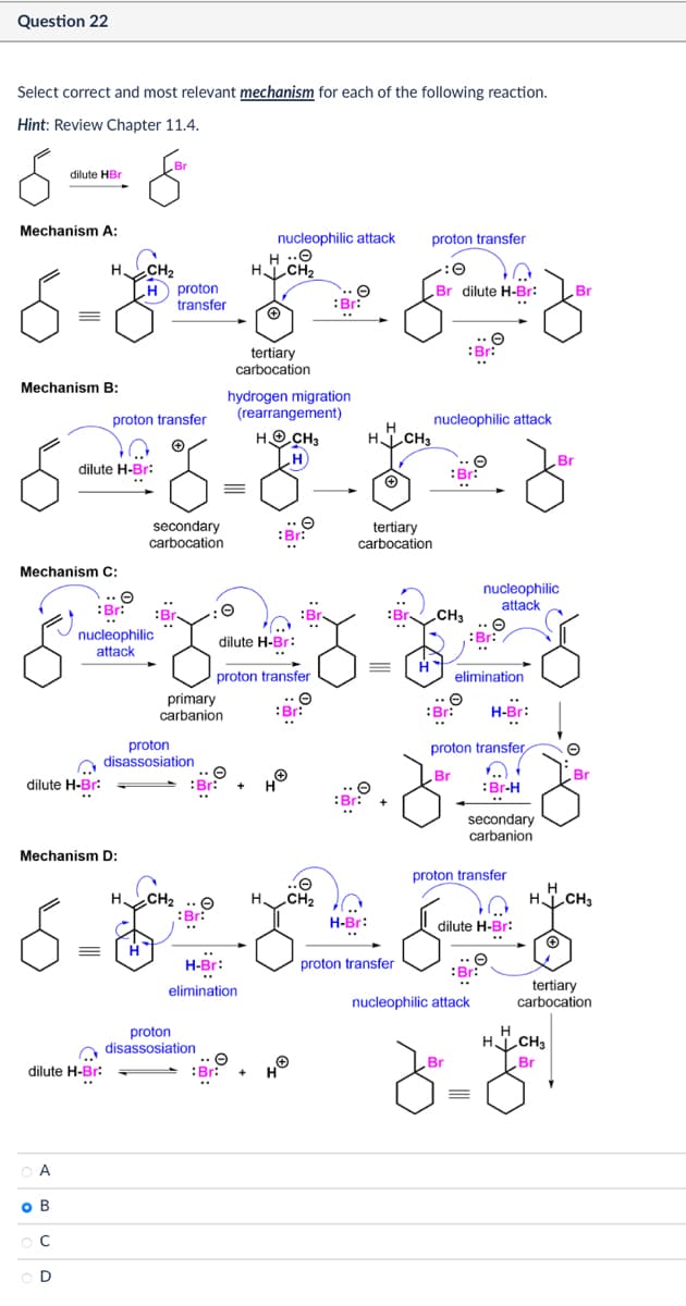 Question 22
Select correct and most relevant mechanism for each of the following reaction.
Hint: Review Chapter 11.4.
dilute HBr
Mechanism A:
Mechanism B:
8
Br
CH2
nucleophilic attack
H..O
HCH2
proton transfer
H proton
transfer
Br dilute H-Br:
Br
proton transfer
tertiary
carbocation
hydrogen migration
(rearrangement)
HCH3
H
dilute H-Br:
secondary
carbocation
nucleophilic attack
H
HCH3
tertiary
carbocation
Mechanism C:
:Br:
:O
nucleophilic
attack
:Br
CH3
nucleophilic
dilute H-Br:
:Br:
attack
=
proton transfer
elimination
primary
carbanion
:Br:
H-Br:
dilute H-Br:
proton
disassosiation
proton transfer
Br
:Br-H
Mechanism D:
dilute H-Br:
A
O B
ос
OD
secondary
carbanion
Br
proton transfer
CH2
H CH3
H-Br:
dilute H-Br:
Η
H-Br:
proton transfer
elimination
proton
disassosiation
nucleophilic attack
tertiary
carbocation
H
H CH3
Θ
Br:
Br
Br