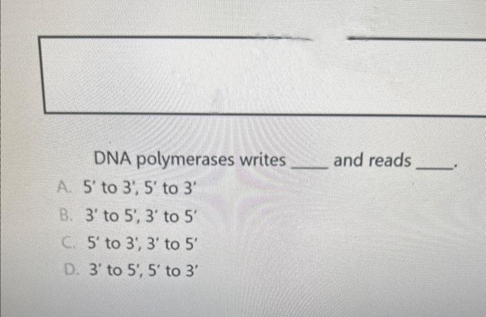 DNA polymerases writes
A. 5' to 3, 5' to 3'
B. 3' to 5, 3' to 5'
C. 5' to 3, 3' to 5'
D. 3 to 5, 5' to 3'
and reads
