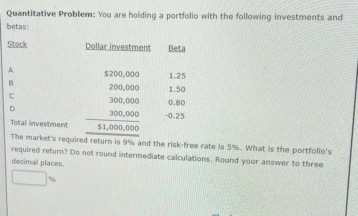Quantitative Problem: You are holding a portfolio with the following investments and
betas:
Stock
A
B
C
D
Dollar investment
%
$200,000
200,000
300,000
300,000
Beta
1.25
1.50
0.80
-0.25
Total investment
$1,000,000
The market's required return is 9% and the risk-free rate is 5%. What is the portfolio's
required return? Do not round intermediate calculations. Round your answer to three
decimal places.