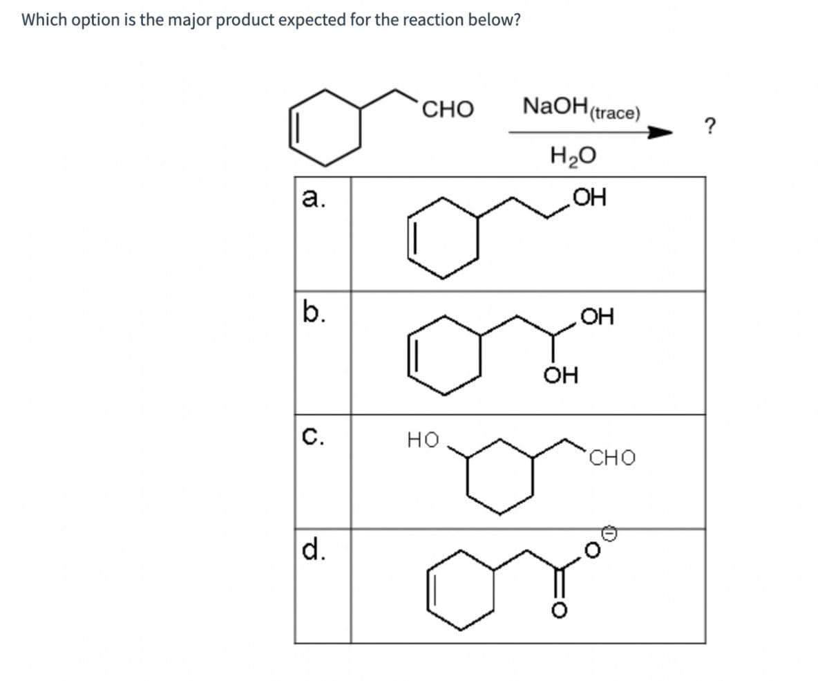 Which option is the major product expected for the reaction below?
a.
b.
C.
d.
CHO
NaOH (trace)
H₂O
o
HO
OH
OH
OH
CHO
or
?