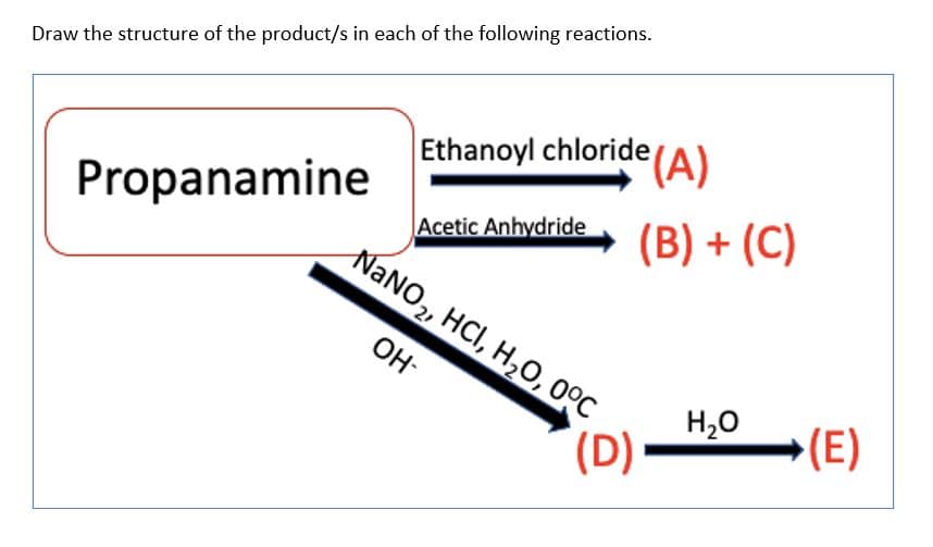 Draw the structure of the product/s in each of the following reactions.
Ethanoyl chloride(A)
Acetic Anhydride
NANO2, HCI, H,O, 0ºC
Propanamine
(B) + (C)
OH-
H,0
(D)
(E)
