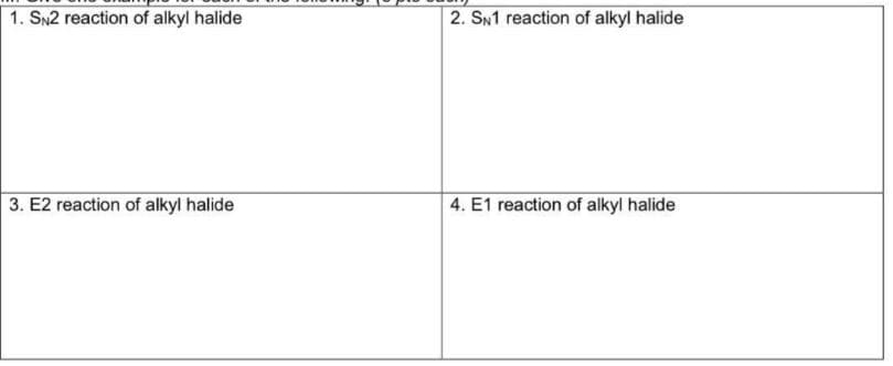 1. SN2 reaction of alkyl halide
2. SN1 reaction of alkyl halide
3. E2 reaction of alkyl halide
4. E1 reaction of alkyl halide
