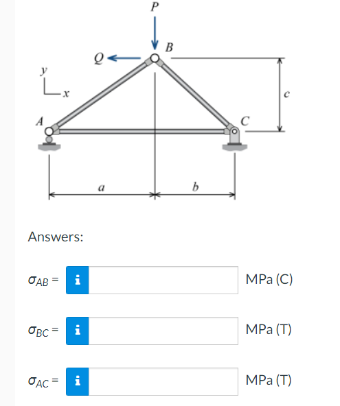 L₁
Answers:
JAB
OBC
i
i
JAC = i
a
P
B
b
MPa (C)
MPa (T)
MPa (T)