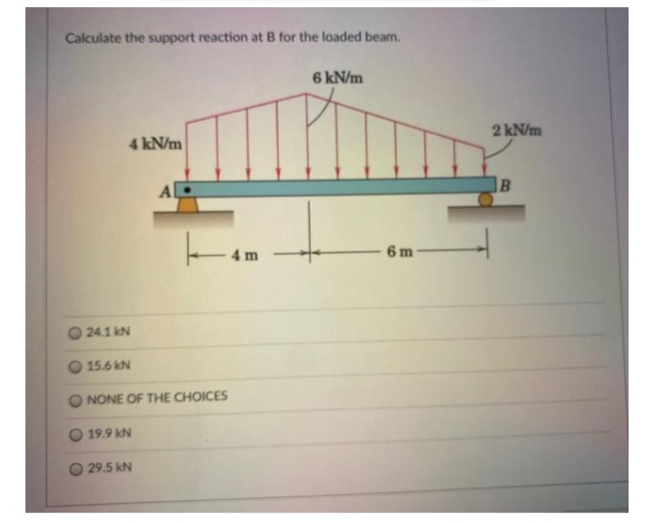 Calculate the support reaction at B for the loaded beam.
6 kN/m
2 kN/m
4 kN/m
Al
4 m
6 m
24.1 kN
O 15.6 kN
NONE OF THE CHOICES
19.9 kN
29.5 kN

