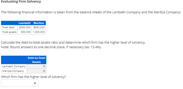 Evaluating Firm Solvency
The following financial information is taken from the balance sheets of the Lambeth Company and the Maritza Company:
Lambeth Maritza
Total debt
$350,000 $850,000
Total assets
550,000 1,000,000
Calculate the debt-to-total-assets ratio and determine which firm has the higher level of solvency.
Note: Round answers to one decimal place, if necessary (ex: 15.49%).
Debt-to-Total
Assets
Lambeth Company
Maritza Company
Which firm has the higher level of solvency?
