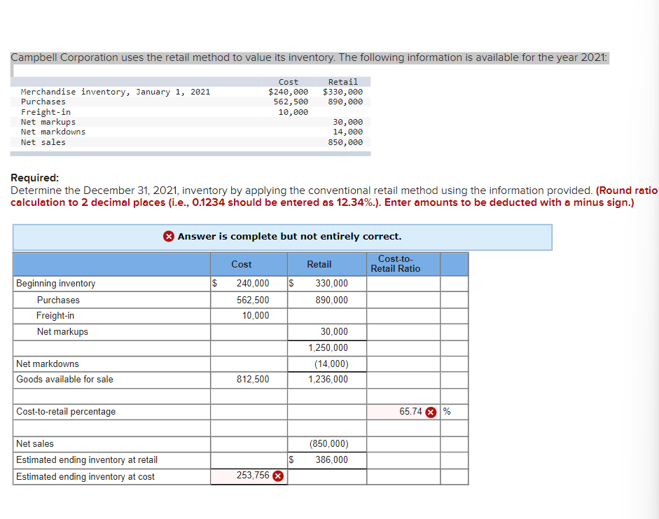 Campbell Corporation uses the retail method to value its inventory. The following information is available for the year 2021:
Cost
Retail
Merchandise inventory, January 1, 2021
Purchases
$240,000
562,500
10,000
$330, 000
890, 000
Freight-in
Net markups
Net markdowns
30,000
14,000
Net sales
850, 000
Required:
Determine the December 31, 2021, inventory by applying the conventional retail method using the information provided. (Round ratio
calculation to 2 decimal places (i.e., 0.1234 should be entered as 12.34%.). Enter amounts to be deducted with a minus sign.)
8 Answer is complete but not entirely correct.
Cost-to-
Retail Ratio
Cost
Retail
Beginning inventory
240,000
330,000
Purchases
562,500
890,000
Freight-in
10,000
Net markups
30,000
1,250,000
Net markdowns
Goods available for sale
(14,000)
812,500
1,236,000
Cost-to-retail percentage
65.74 8 %
Net sales
Estimated ending inventory at retail
(850,000)
386,000
Estimated ending inventory at cost
253,756 X
