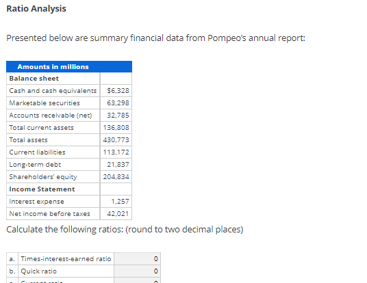 Ratio Analysis
Presented below are summary financial data from Pompeo's annual report:
Amounts in millions
Balance sheet
Cash and cash equivalents
$6,328
Marketable securities
63,298
Accounts receivable (net)
32,785
Total current assets
136,808
Total assets
430,773
Current liabilities
113,172
Long-term debt
21,837
Shareholders' equity
204,834
Income Statement
Interest expense
1,257
Net income before taxes
42,021
Calculate the following ratios: (round to two decimal places)
a. Times-interest-earned ratio
b. Quick ratio
