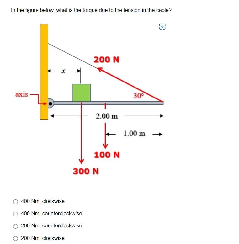 In the figure below, what is the torque due to the tension in the cable?
O
200 N
X
axis
2.00 m
ㅏ
100 N
300 N
400 Nm, clockwise
400 Nm, counterclockwise
200 Nm, counterclockwise
200 Nm, clockwise
30°
1.00 m