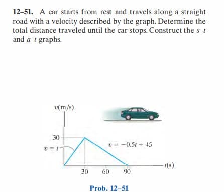 12-51. A car starts from rest and travels along a straight
road with a velocity described by the graph. Determine the
total distance traveled until the car stops. Construct the s-t
and a-t graphs.
v(m/s)
30-
v=1
D
30
v = -0.5t + 45
60 90
Prob. 12-51
- [(s)
