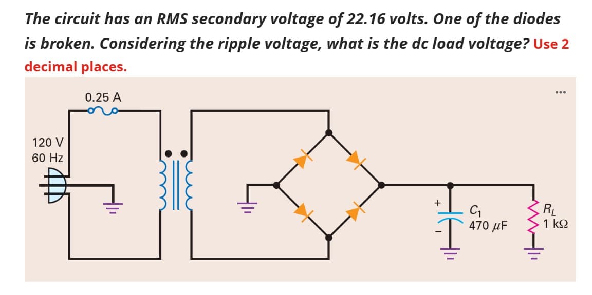 The circuit has an RMS secondary voltage of 22.16 volts. One of the diodes
is broken. Considering the ripple voltage, what is the dc load voltage? Use 2
decimal places.
OKT
I
120 V
60 Hz
0.25 A
+ C₁
470 μF
R₁
1 ΚΩ