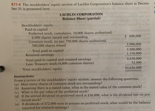 E11-4 The stockholders' equity section of Lachlin Corporation's balance sheet at Decem-
odor0nora
moodo aleiznoa
owsivollot ads gni
ber 31 is presented here.
sbiego lolone 000.00 LACHLIN CORPORATION
000.
brobi
Balance Sheet (partial)
Insnu sdT
oulev
Stockholders' equity
Paid-in capital
Preferred stock, cumulative, 10,000 shares authorized,
6,000 shares issued and outstanding
Common stock, no par, 750,000 shares authorized,
580,000 shares issued
yrmani
$ 600,000
2,900,000
3,500,000
ordi Total paid-in capital 2 ni borotupbeord aen
Retained earnings
1,158,000 l
Total paid-in capital and retained earnings
Less: Treasury stock (6,000 common shares)
4,658,000
32,000
$4,626,000
Total stockholders' equity
000 a boxtiorlus
Instructions
From a review of the stockholders' equity section, answer the following questions.
(a) How many shares of common stock are outstanding?
(b) Assuming there is a stated value, what is the stated value of the common stock?
(c) What is the par value of the preferred stock?
(d) If the annual dividend on preferred stock is $36,000, what is the dividend rate on pre-
ferred stock?
(e) If dividends of $72,000 were in arrears on preferred stock, what would be the balance
reported for retained earnings?
ni lari
