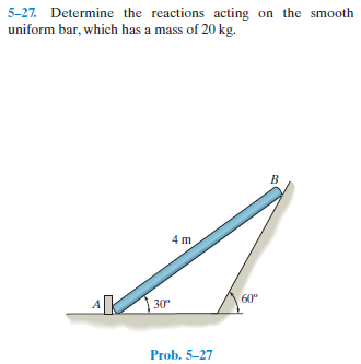 5-27. Determine the reactions acting on the smooth
uniform bar, which has a mass of 20 kg.
B
4 m
60°
30
Prob. 5-27
