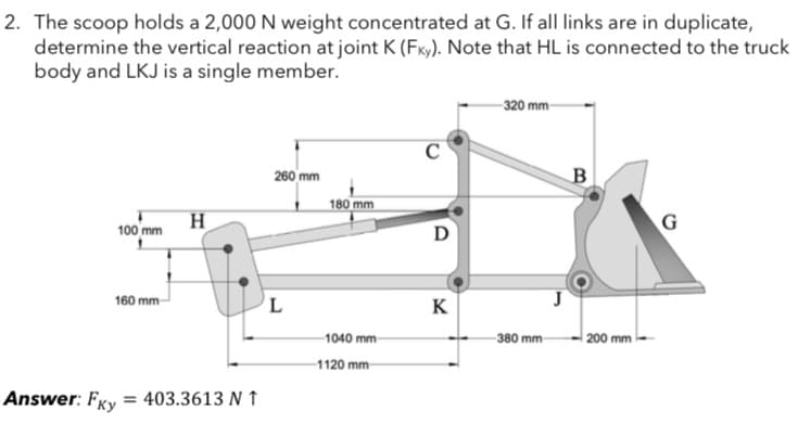 2. The scoop holds a 2,000 N weight concentrated at G. If all links are in duplicate,
determine the vertical reaction at joint K (Fxy). Note that HL is connected to the truck
body and LKJ is a single member.
-320 mm
260 mm
B
180 mm
100 mm
D
160 mm
K
1040 mm
380 mm
|200 mm
1120 mm
Answer: FKy = 403.3613 N ↑
