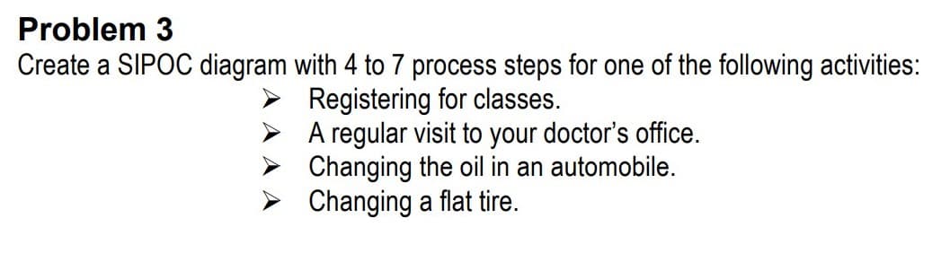 Problem 3
Create a SIPOC diagram with 4 to 7 process steps for one of the following activities:
Registering for classes.
A regular visit to your doctor's office.
Changing the oil in an automobile.
Changing a flat tire.
