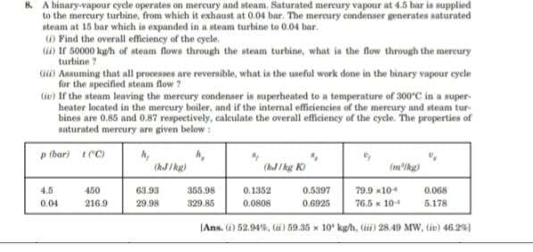 8. A binary-vapour cycle operates on mercury and steam. Saturated mercury vapour at 4.5 bar is supplied
to the mereury turbine, from which it exhaust at 0.04 bar. The mercury condenser generates saturated
steam at 15 bar which is expanded in a steam turbine to 0.04 bar.
() Find the overall efficiency of the cycle.
GD If 50000 kgh of steam flows through the steam turbine, what is the flow through the mereury
turbine ?
(ii) Assuming that all processes are reversible, what is the useful work done in the binary vapour cycle
for the specified steam flow ?
(ie) If the steam leaving the mercury condenser is superheated to a temperature of 300°C in a super-
heater located in the mereury boiler, and if the internal efficiencies of the mercury and steam tur-
bines are 0.85 and 0.87 respectively, caleulate the overall efficieney of the eycle. The properties of
saturated mereury are given below :
p (bar) t(C)
(kJ/ hg)
(hJ / kg K)
(m'lkg)
0. 1352
79.9 x10
76.5 x 10
4.5
450
63.93
355.98
0.5397
0.068
0.04
216.9
29.98
329.85
0.0808
0.6925
5.178
|Ans. (i) 52.94%, (ii) 59.35 x 10 kg/h, (iii) 28.49 Mrw, (iv) 46.2%)
