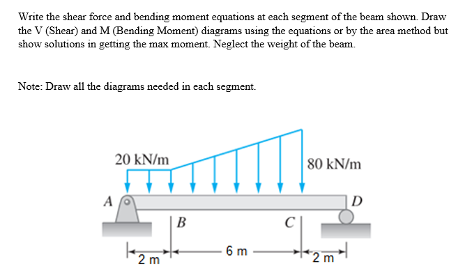 Write the shear force and bending moment equations at each segment of the beam shown. Draw
the V (Shear) and M (Bending Moment) diagrams using the equations or by the area method but
show solutions in getting the max moment. Neglect the weight of the beam.
Note: Draw all the diagrams needed in each segment.
20 kN/m
80 kN/m
A
D
В
6 m
2 m
2 m
