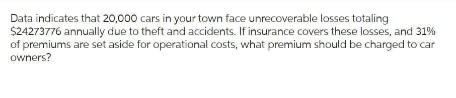Data indicates that 20,000 cars in your town face unrecoverable losses totaling
$24273776 annually due to theft and accidents. If insurance covers these losses, and 31%
of premiums are set aside for operational costs, what premium should be charged to car
owners?