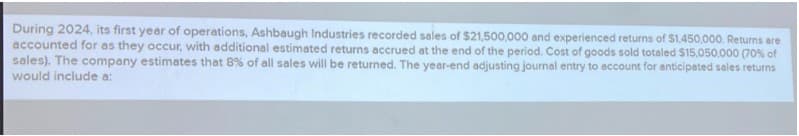 During 2024, its first year of operations, Ashbaugh Industries recorded sales of $21,500,000 and experienced returns of $1,450,000. Returns are
accounted for as they occur, with additional estimated returns accrued at the end of the period. Cost of goods sold totaled $15,050,000 (70% of
sales). The company estimates that 8% of all sales will be returned. The year-end adjusting journal entry to account for anticipated sales returns
would include a:
