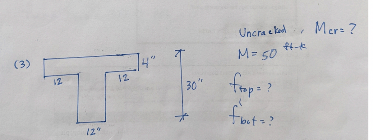 (3)
12
12"
12
30"
Uncra e ked
ft-k
M = 50
ftop = ?
Ibot = ?
Mer= ?