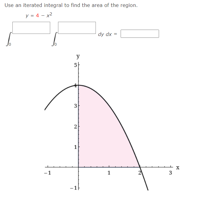 Use an iterated integral to find the area of the region.
y = 4 – x2
dy dx =
y
5|
3
2
X
-1
1
21
3
-1
