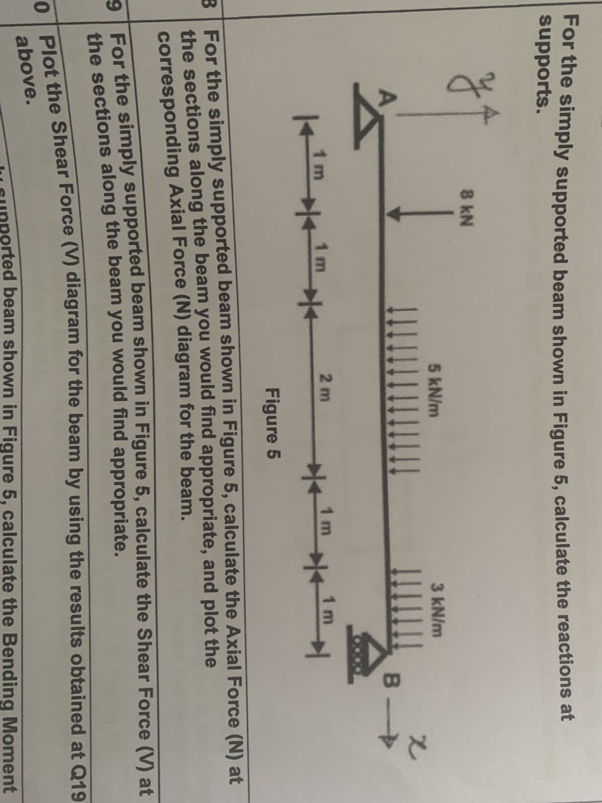For the simply supported beam shown in Figure 5, calculate the reactions at
supports.
A
8 kN
5 kN/m
3 kN/m
B>
A
2 m
+1m
1m 4
Figure 5
1 m
1 m
B For the simply supported beam shown in Figure 5, calculate the Axial Force (N) at
the sections along the beam you would find appropriate, and plot the
corresponding Axial Force (N) diagram for the beam.
9 For the simply supported beam shown in Figure 5, calculate the Shear Force (V) at
the sections along the beam you would find appropriate.
0 Plot the Shear Force (V) diagram for the beam by using the results obtained at Q19
above.
ported beam shown in Figure 5, calculate the Bending Moment