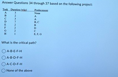 Answer Questions 34 through 37 based on the following project:
Task Duration (wka)
Predecessors
None
A
A
B, C
B
D
с
E. F. G
ABCDEFGH
MNMFN 22-
2
3
What is the critical path?
A-B-E-F-H
A-B-D-F-H
A-C-D-F-H
O None of the above