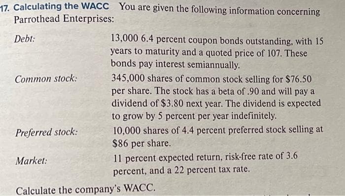 17. Calculating the WACC You are given the following information concerning
Parrothead Enterprises:
Debt:
Common stock:
Preferred stock:
Market:
13,000 6.4 percent coupon bonds outstanding, with 15
years to maturity and a quoted price of 107. These
bonds pay interest semiannually.
345,000 shares of common stock selling for $76.50
per share. The stock has a beta of .90 and will pay a
dividend of $3.80 next year. The dividend is expected
to grow by 5 percent per year indefinitely.
10,000 shares of 4.4 percent preferred stock selling at
$86 per share.
11 percent expected return, risk-free rate of 3.6
percent, and a 22 percent tax rate.
Calculate the company's WACC.