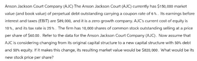 Anson Jackson Court Company (AJC) The Anson Jackson Court (AJC) currently has $150,000 market
value (and book value) of perpetual debt outstanding carrying a coupon rate of 6%. Its earnings before
interest and taxes (EBIT) are $89,000, and it is a zero growth company. AJC's current cost of equity is
10%, and its tax rate is 25%. The firm has 10,000 shares of common stock outstanding selling at a price
per share of $60.00. Refer to the data for the Anson Jackson Court Company (AJC). Now assume that
AJC is considering changing from its original capital structure to a new capital structure with 50% debt
and 50% equity. If it makes this change, its resulting market value would be $820,000. What would be its
new stock price per share?