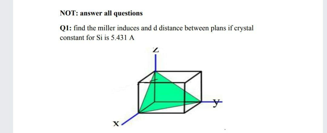 NOT: answer all questions
Q1: find the miller induces and d distance between plans if crystal
constant for Si is 5.431 A
