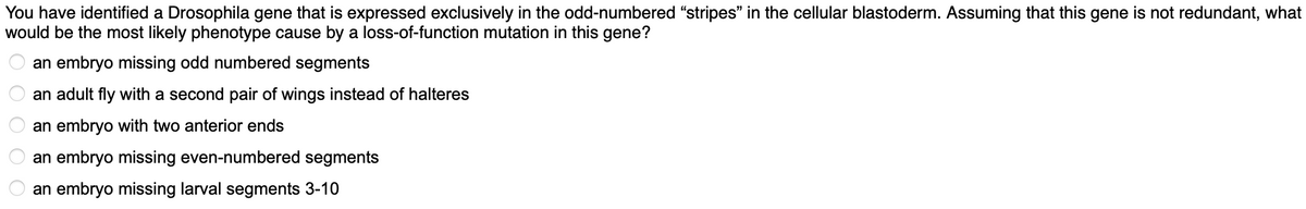 You have identified a Drosophila gene that is expressed exclusively in the odd-numbered "stripes" in the cellular blastoderm. Assuming that this gene is not redundant, what
would be the most likely phenotype cause by a loss-of-function mutation in this gene?
an embryo missing odd numbered segments
an adult fly with a second pair of wings instead of halteres
an embryo with two anterior ends
an embryo missing even-numbered segments
an embryo missing larval segments 3-10